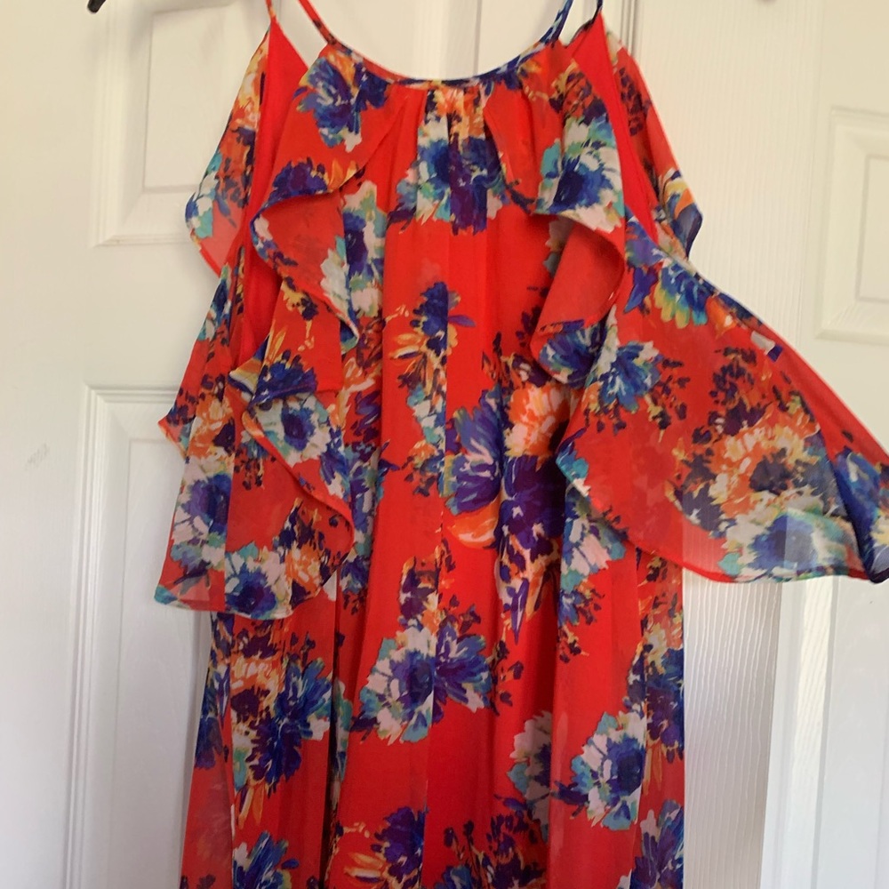 Red and Blue Floral Cold Shoulder Dress